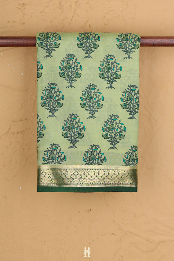 Printed Silk Saree In Green With Floral Design