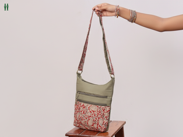 Kalamkari Printed Design Green And Red Cotton Sling Bag