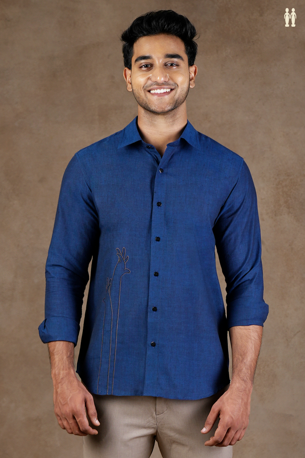 Regular Collar Embroidered Design Oxford Blue Cotton Shirt