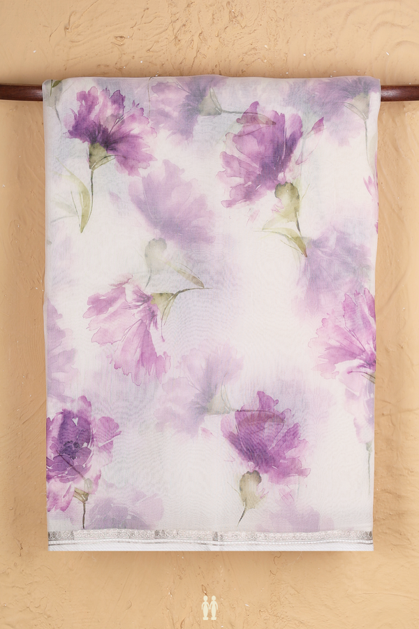 Organza Silk Saree In White With Floral Printed Design