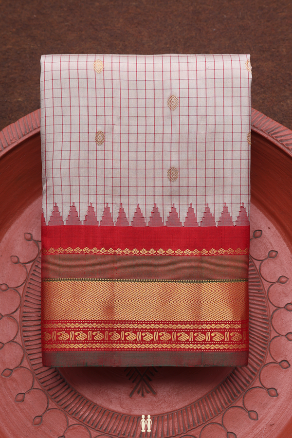 Gadwal Silk Saree In Light Cream Checks With Zari Buttas