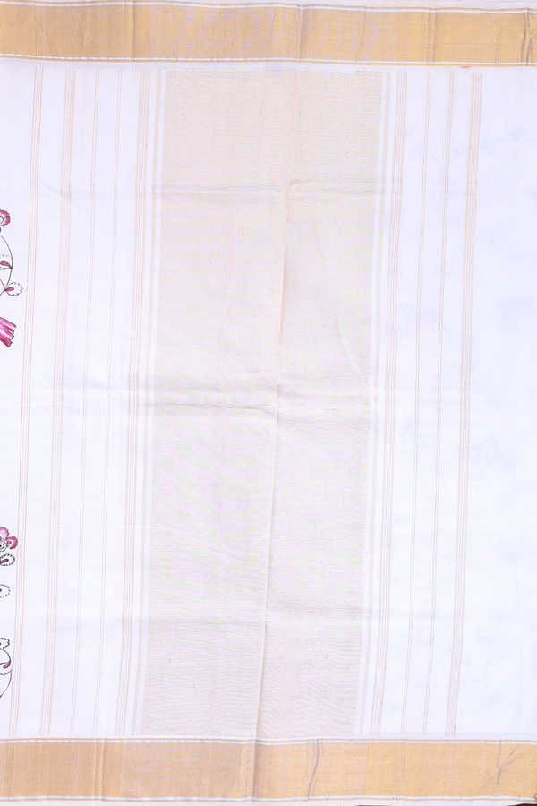 Kanchipuram Silk Saree In White With Floral Hand Painted