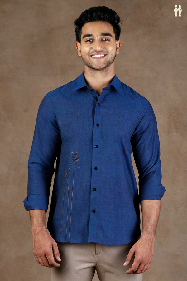 Regular Collar Embroidered Design Oxford Blue Cotton Shirt