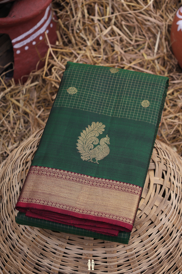 Kanchipuram Silk Saree In Forest Green With Checks Design