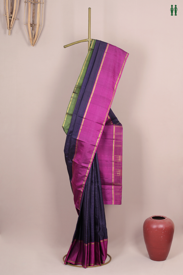 Kanchipuram Silk Saree In Navy Blue With Stripes Design