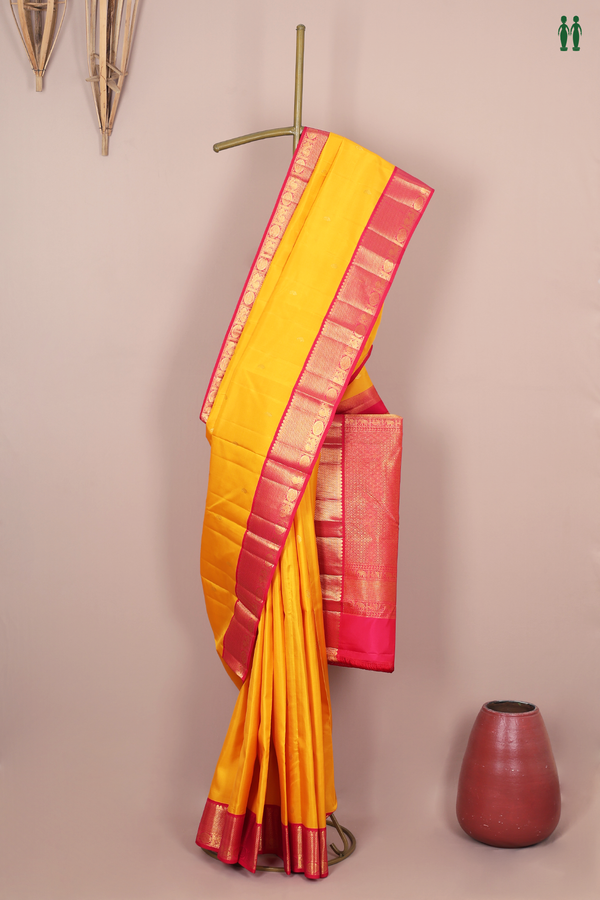 Kanchipuram Silk Saree In Saffron Yellow With Contrast Border