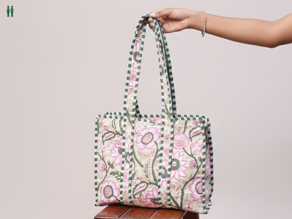 Floral Printed Design Green Cotton Hand Bag