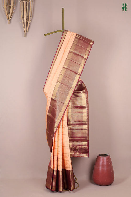 Kanchipuram Silk Saree In Orange With Checks Design