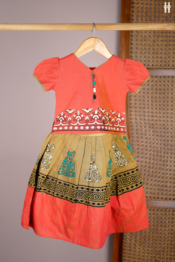 Printed Design Orange And Green Readymade Pavadai Sattai