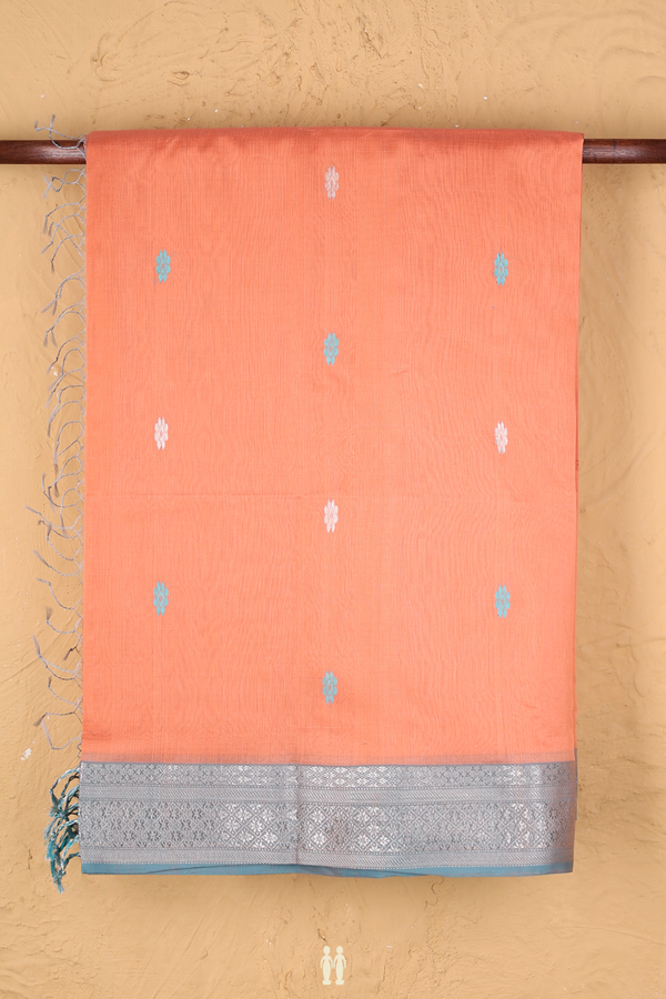Maheswari Silk Cotton Saree Blush Orange With Allover Buttas