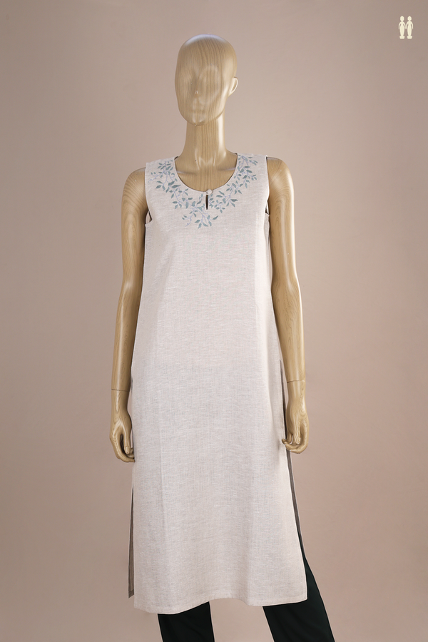 Round Neck Leaf Design Beige Linen Long Kurta