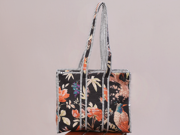 Birds Printed Design Black Cotton Hand Bag