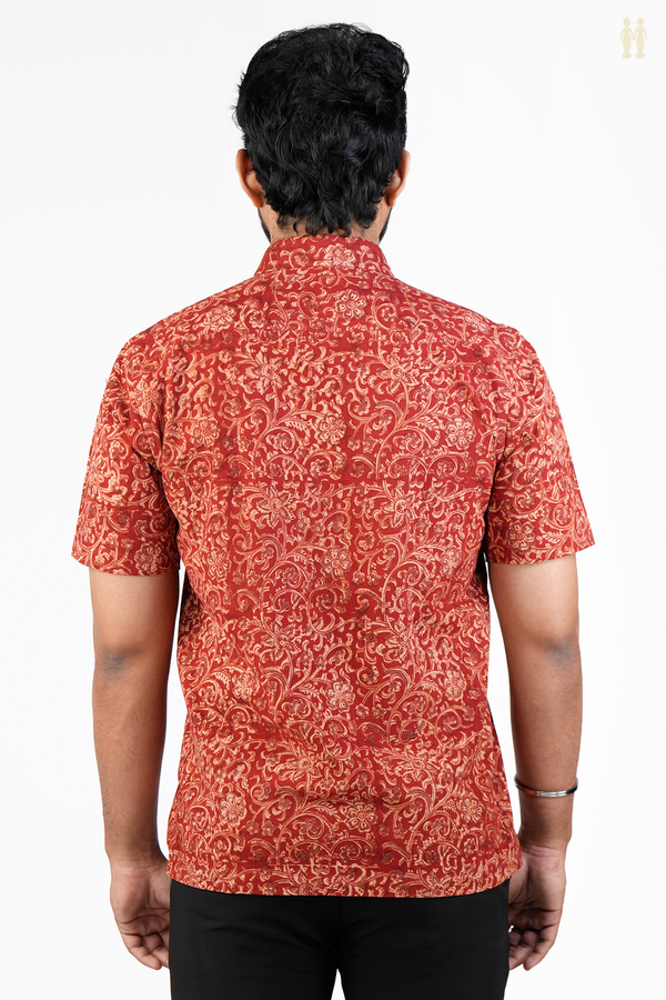Regular Collar Floral Design Red Kalamkari Cotton Shirt