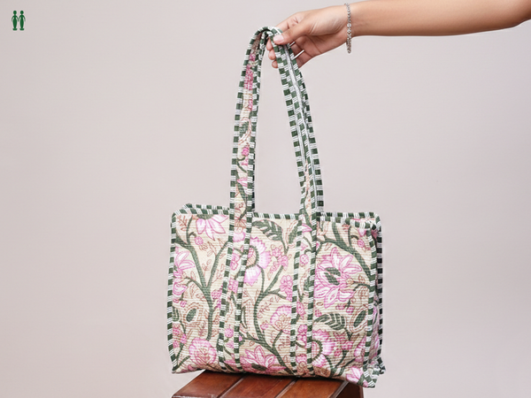 Floral Printed Design Green Cotton Hand Bag