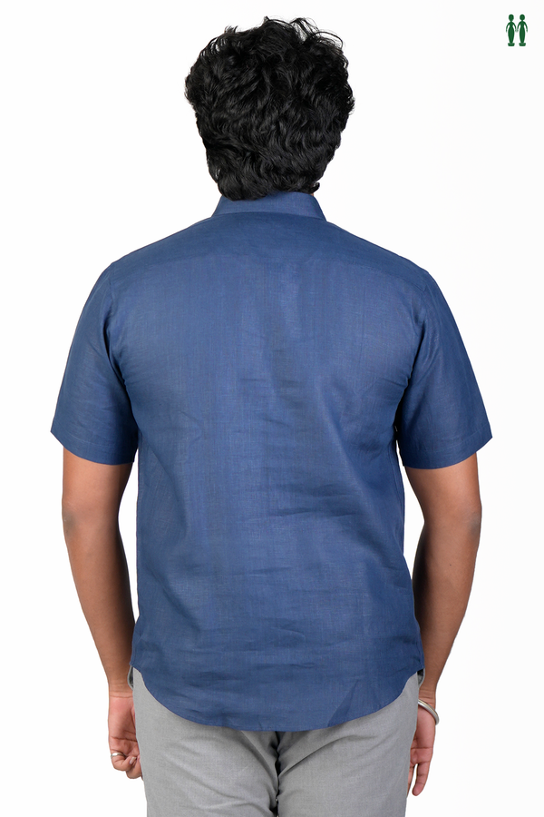 Regular Collar Plain Navy Blue Linen Shirt