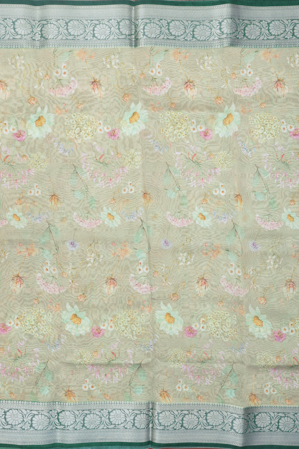 Organza Silk Saree In Dusty Green With Floral Design
