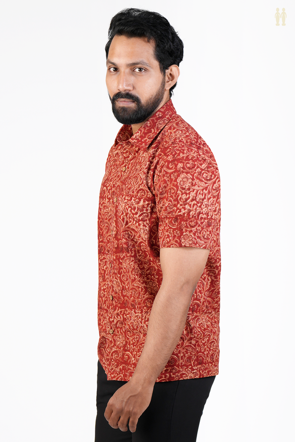 Regular Collar Floral Design Red Kalamkari Cotton Shirt