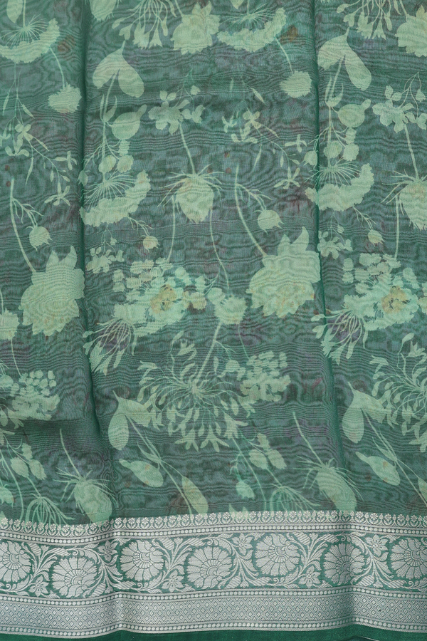 Organza Silk Saree In Dusty Green With Floral Design
