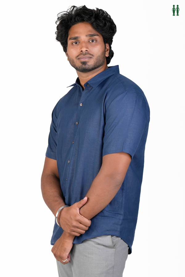 Regular Collar Plain Navy Blue Linen Shirt