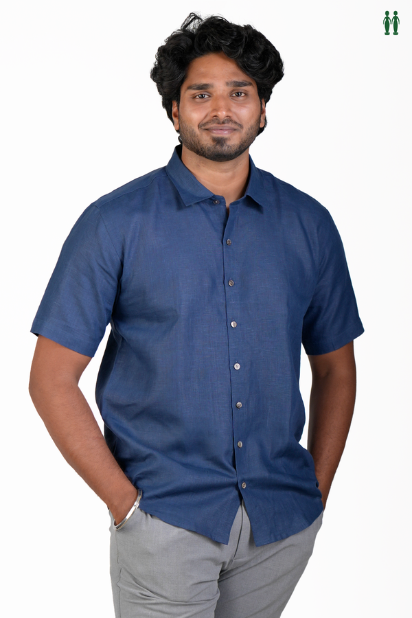 Regular Collar Plain Navy Blue Linen Shirt