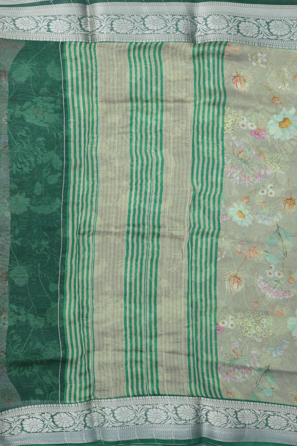 Organza Silk Saree In Dusty Green With Floral Design