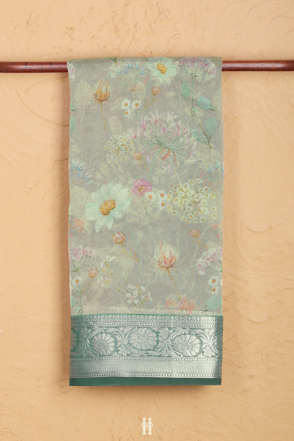 Organza Silk Saree In Dusty Green With Floral Design