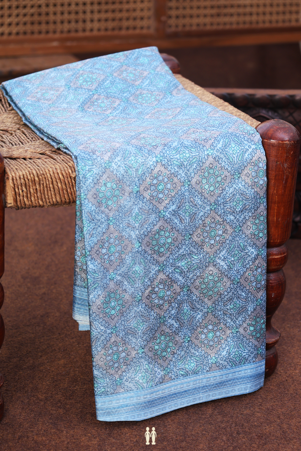 Printed Silk Saree In Pastel Blue With Diamond Design