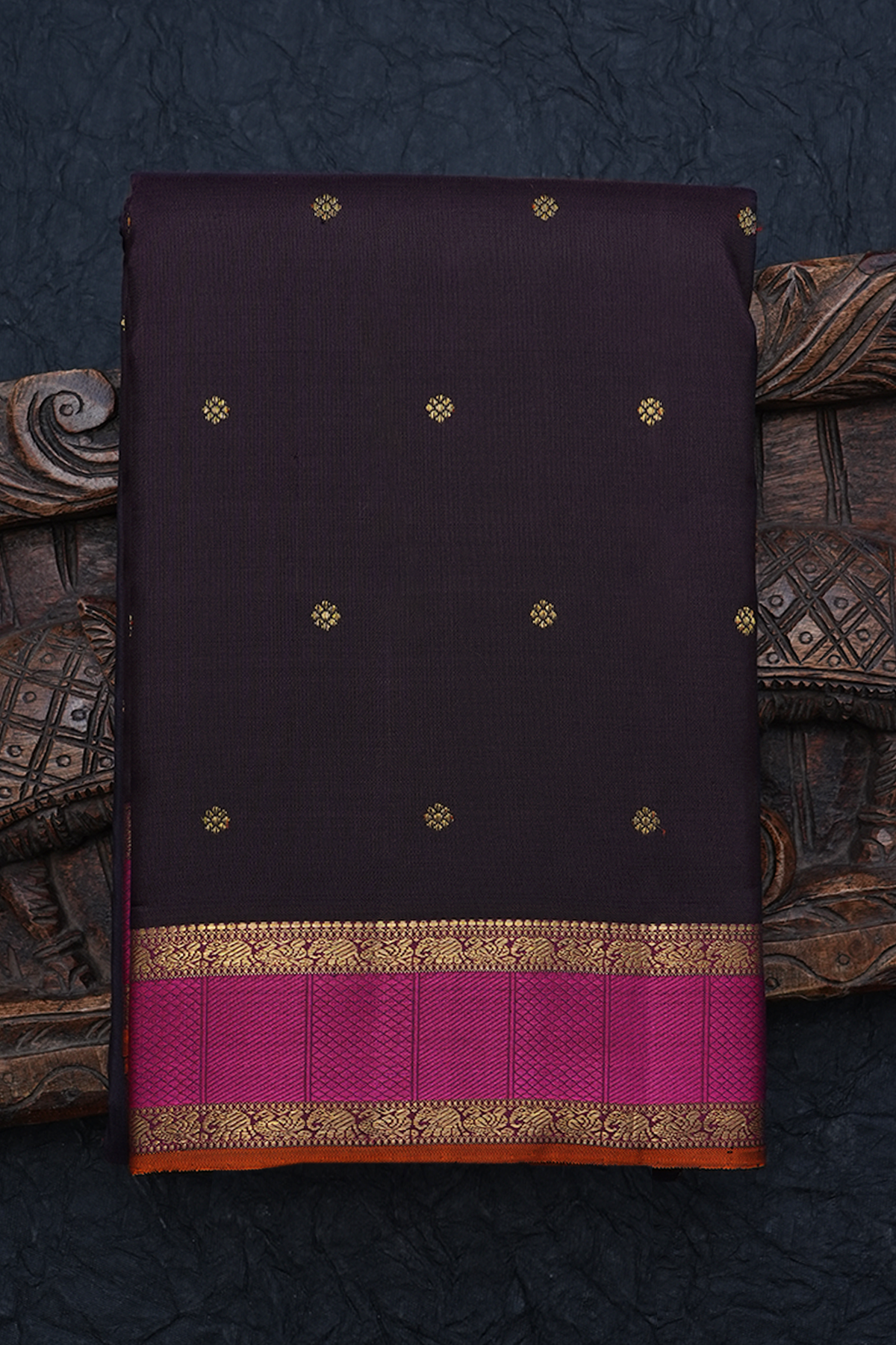 Floral Buttis Dark Oak Brown Kanchipuram Silk Saree