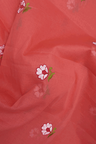 Floral Embroidered Buttas Coral Red Ahmedabad Cotton Saree