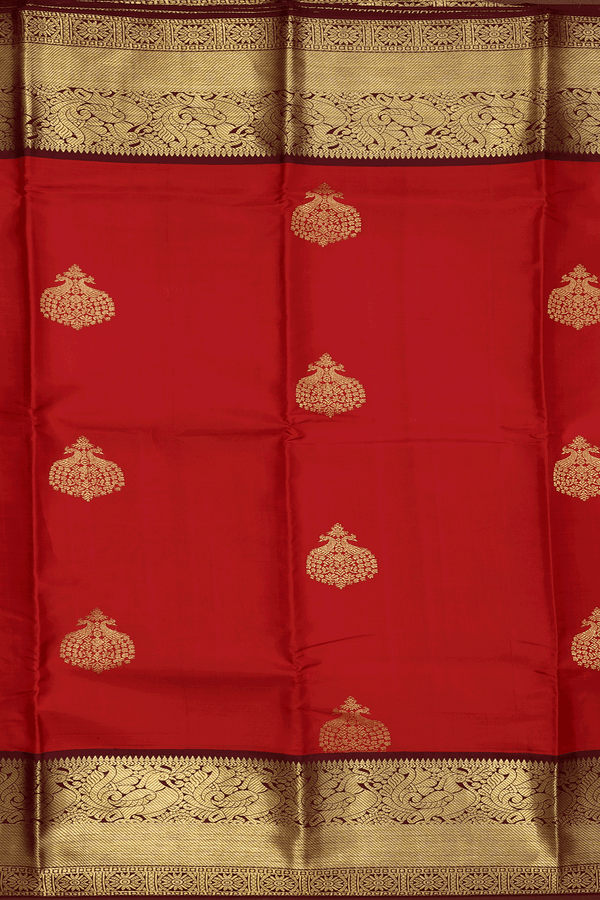 Peacock Zari Motifs Scarlet Red Kanchipuram Silk Saree