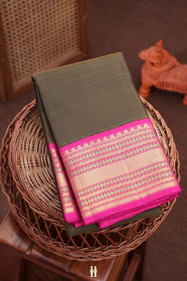 Kanchipuram Silk Saree Black And Yellow With Stripes Design