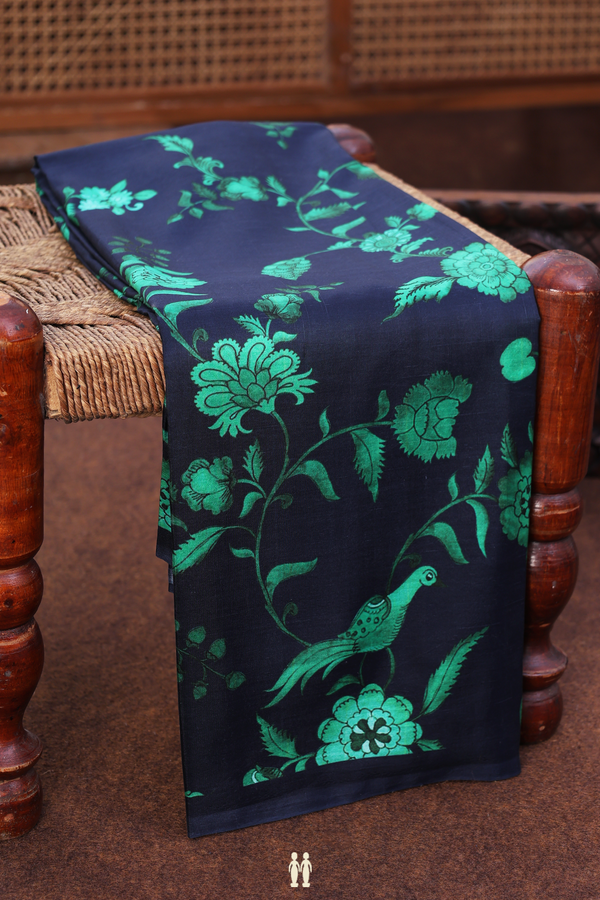 Printed Silk Saree In Navy Blue With Floral Design
