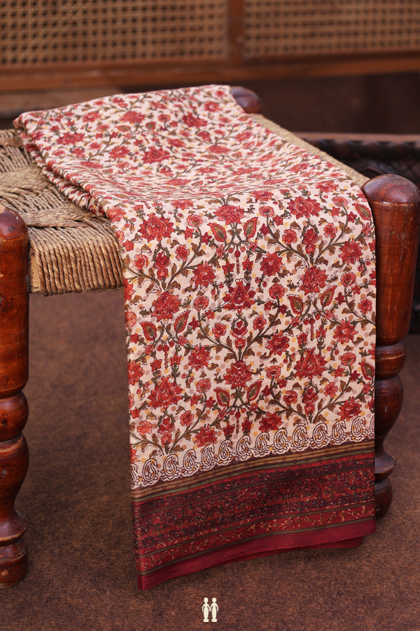 Printed Silk Saree In Rose Gold With Floral Design