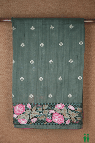 Floral Embroidered Design Sage Green Semi Tussar Silk Saree