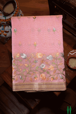 Floral Embroidered Buttas Pastel Pink Kota Cotton Saree