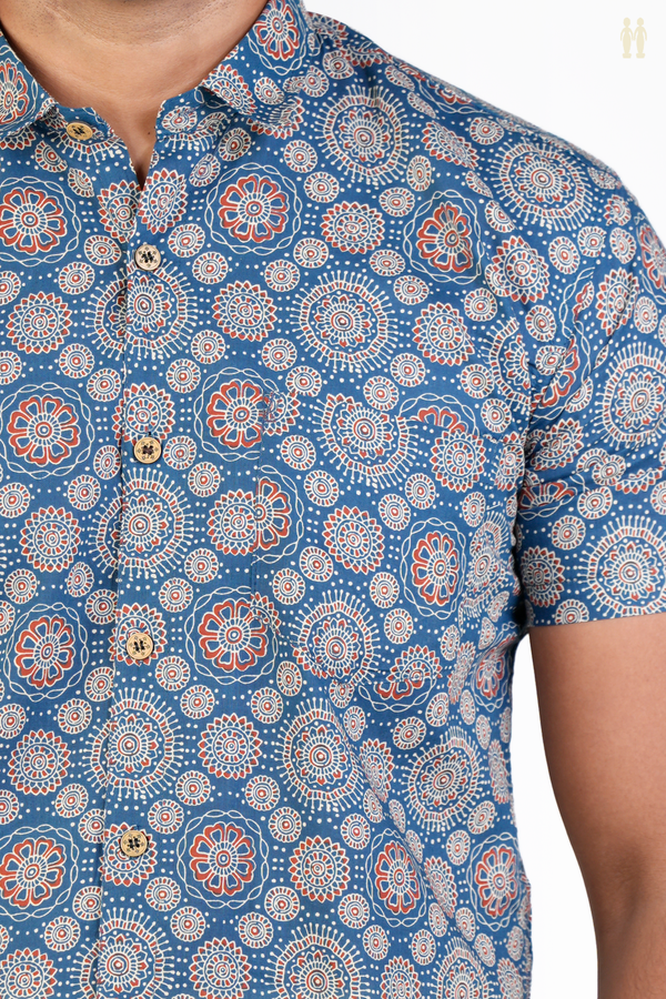 Regular Collar Printed Design Blue Cotton Shirt
