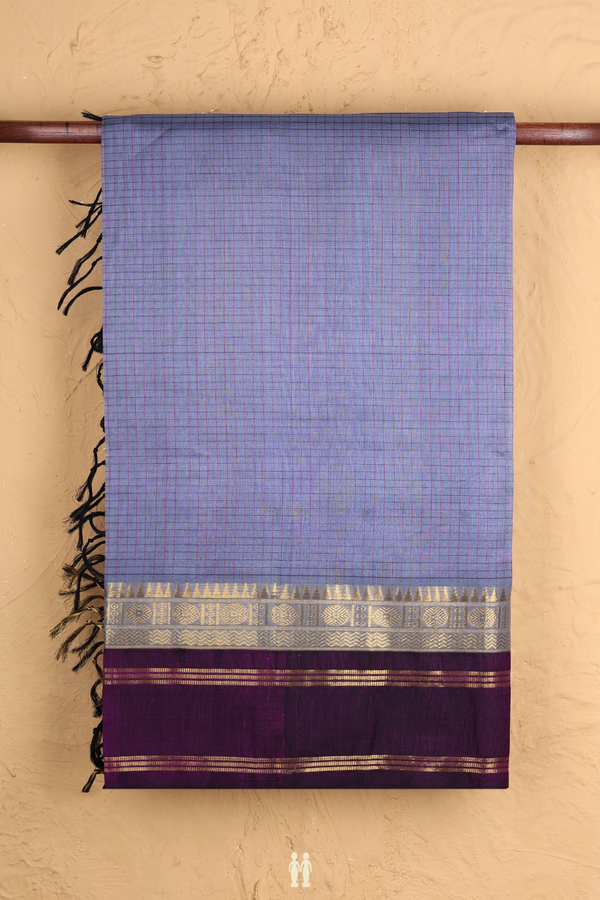 Traditional Silk Cotton Saree Pigeon Blue With Checks Design