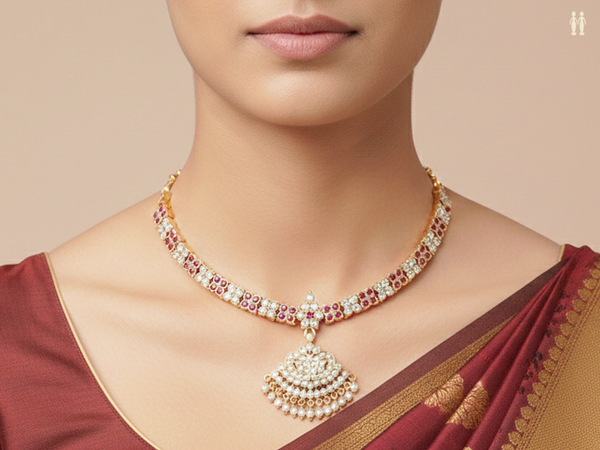 Pink And Crystal Stone Gold Plated Pure Silver Necklace