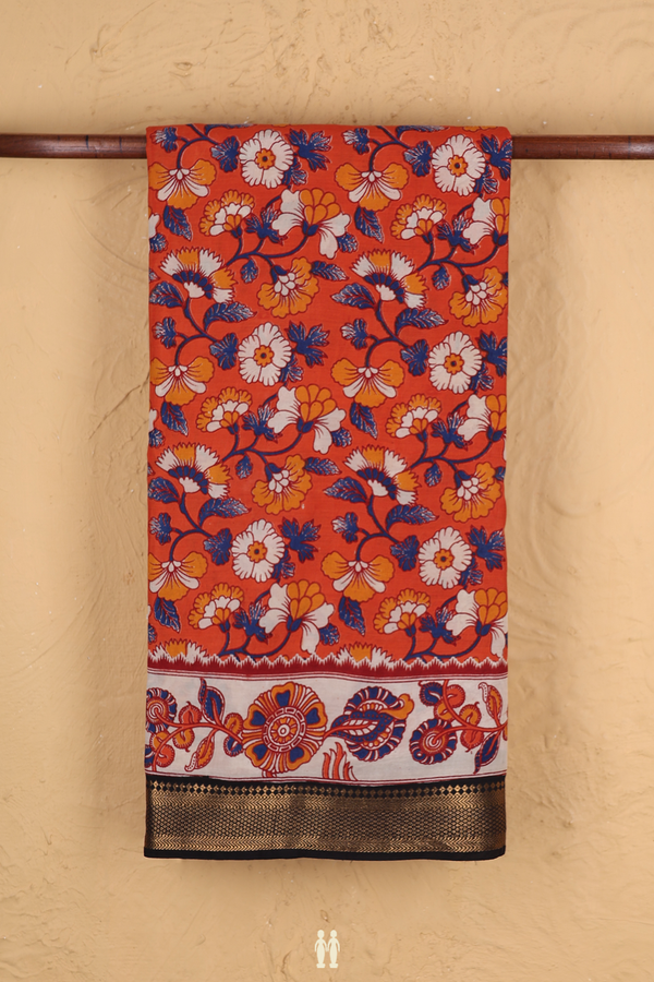 Kalamkari Cotton Saree In Orange With Floral Design