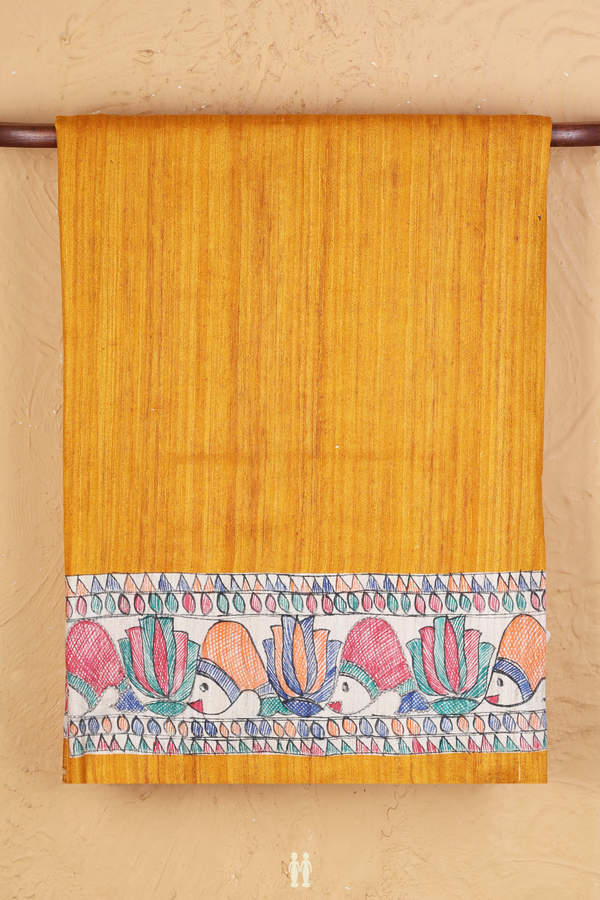 Tussar Silk Saree Plain Yellow With Madhubani Border