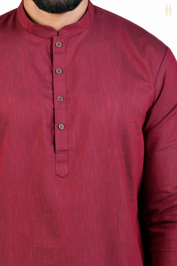 Chinese Collar Plain Burgundy Red Cotton Long Kurta