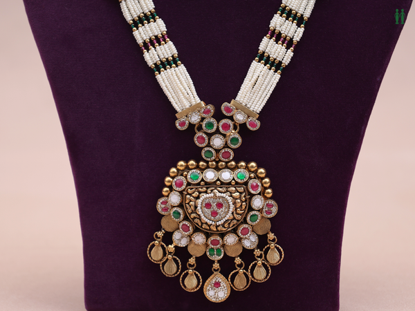 Tri Color Stone With Multi Layered Pearls Silver Long Necklace