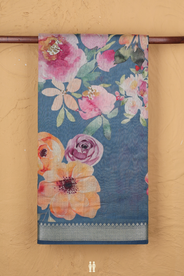 Chanderi Silk Cotton Saree In Teal Blue With Floral Design