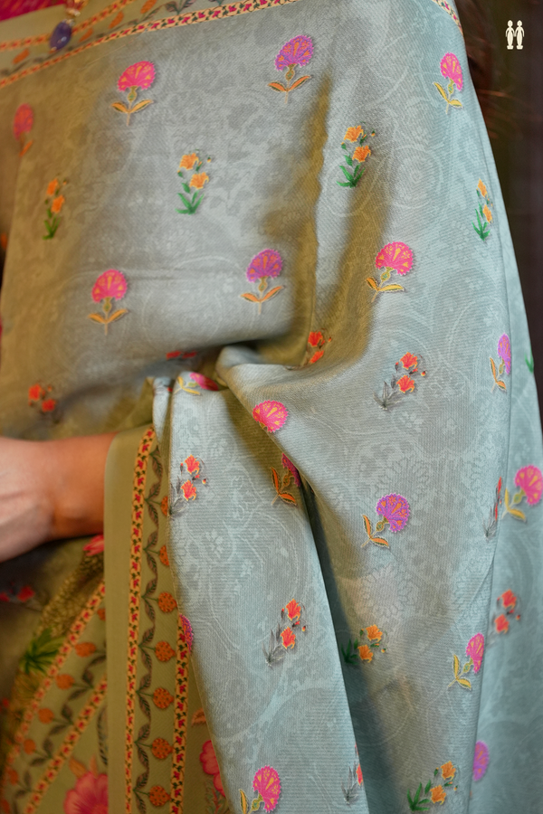 Crepe Saree In Greenish Grey With Floral Buttas