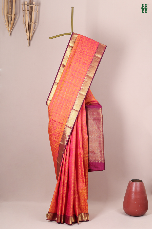 Kanchipuram Silk Saree In Coral Pink With Jacquard Pattern