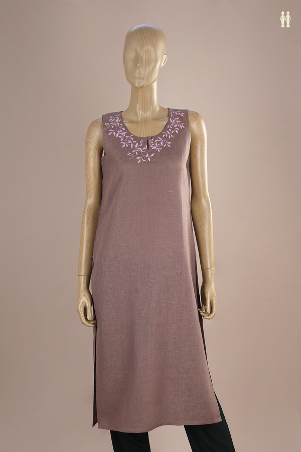 Round Neck Leaf Design Cocoa Brown Linen Long Kurta
