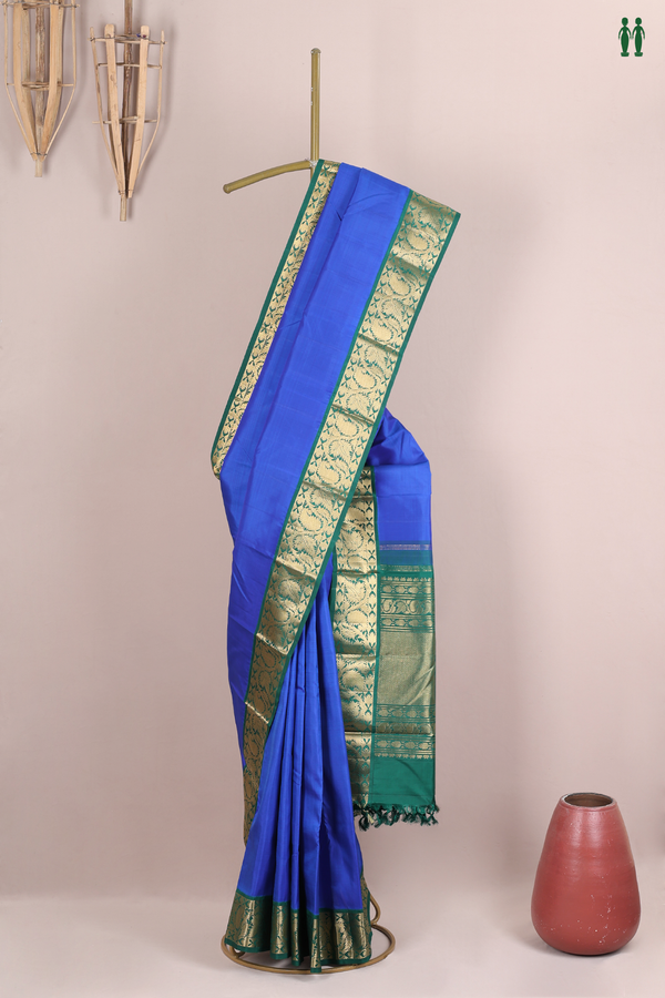 Kanchipuram Silk Saree In Indigo Blue With Contrast Border