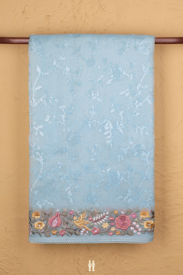 Organza Silk Saree In Pastel Blue With Embroidered Design
