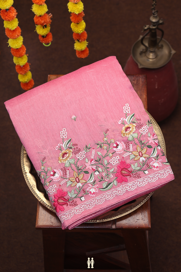 Linen Saree In Pink Floral Threadwork Buttas