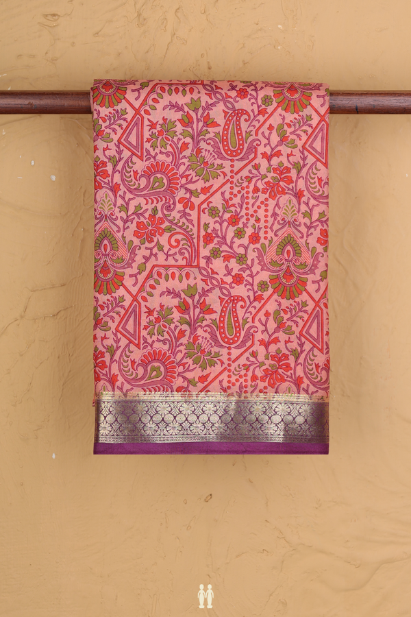 Printed Silk Saree In Peach With Allover Design